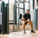 Man sitting on a gym bench preparing for a workout