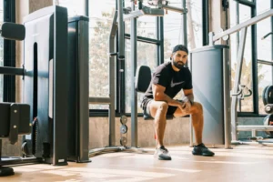 Man sitting on a gym bench preparing for a workout