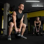 ジムでケトルベルを使ってトレーニングをしている男性の写真